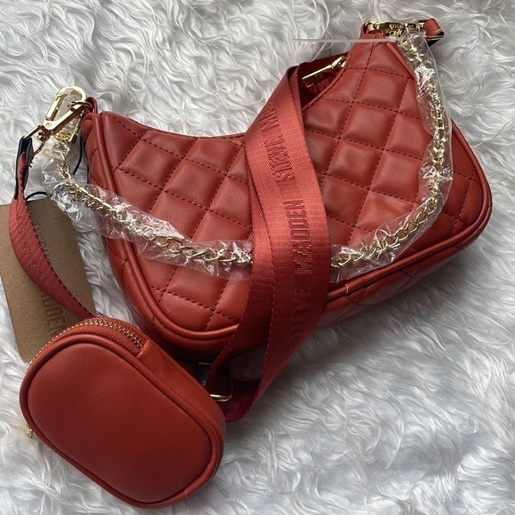 Brand New Steve Madden Quilted Stitch Orange Zip Crossbody Purse Gold Tone Chain - Picture 14 of 15